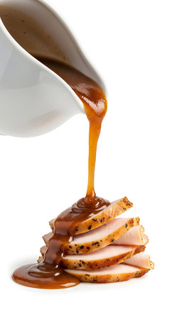 Pouring caramel sauce on slices of smoked pork isolated on white backgroundの写真素材