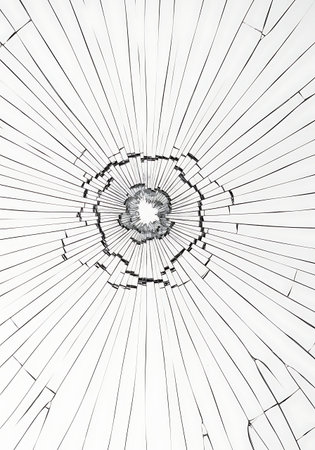 Extreme Macro Detail of Shattered Tempered Glass Spiderweb Fracture Pattern.