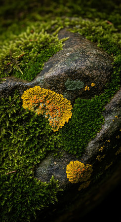 Deep Emerald Forest Moss and Vibrant Yellow Lichen Macro Texture.