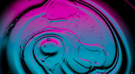 Abstract Macro Iridescent Oil Slick Texture Reflecting Spectral Cyan Magenta.の写真素材