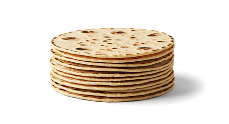 Minimalist flat lay of fresh, charred corn tortillas on white background.
