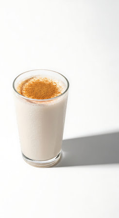 Refreshing cold Horchata drink dusted with cinnamon powder studio photography.