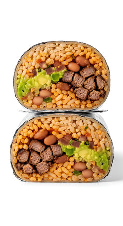 Isolated detailed cross-section of fresh carne asada burrito on white.