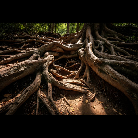 Massive exposed tree roots severely obstruct a cinematic, dappled sunlit forest path.の写真素材