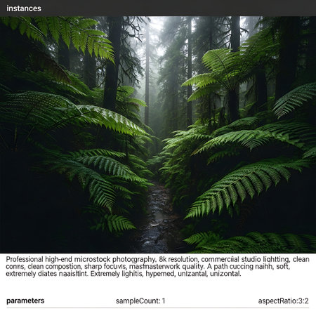 Lush temperate rainforest path, hyper-realistic ferns, dripping moisture, untamed nature.の写真素材