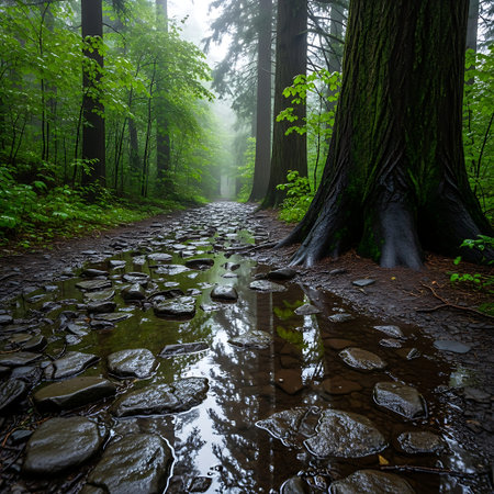 Atmospheric forest path drenched in rain, wet stones reflecting diffused light.の写真素材