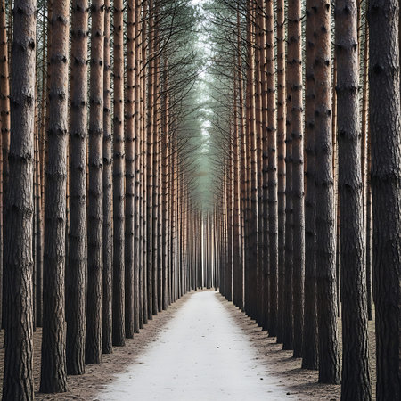 Minimalist high-key forest path lined by uniform, straight pine trunks.の写真素材