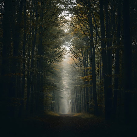 Moody forest path with strong telephoto compression, deep shadows and filtering light.