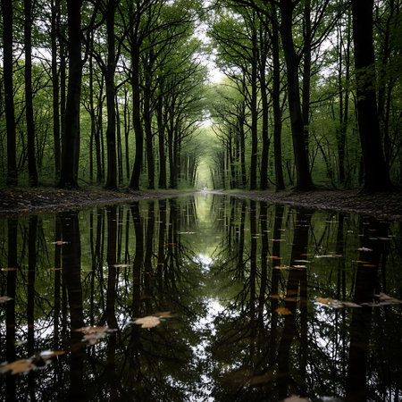 Wide forest path covered by water reflecting the dark canopy above.の写真素材