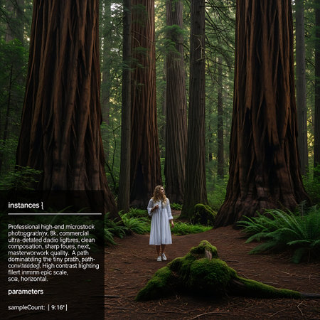 Massive redwood trees tower over a small, mossy forest path below.の写真素材