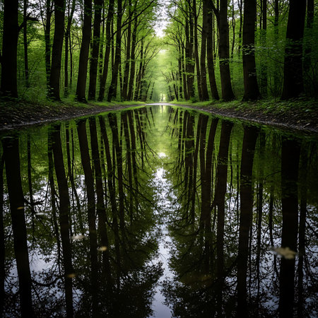 Wide forest path covered by water reflecting the dark canopy above.