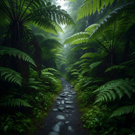 Lush temperate rainforest path, hyper-realistic ferns, dripping moisture, untamed nature.