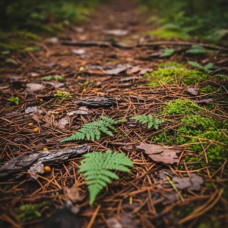 Ultra-close-up of wet forest floor path, covered in moss and pine needles.