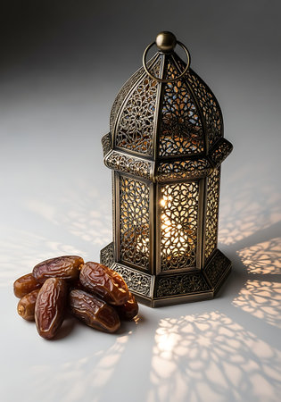 Elegant Bronze Filigree Fanous Lantern Isolated on White with Dates.の写真素材