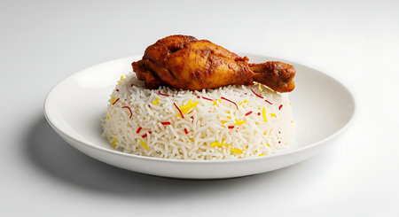 Authentic Roasted Chicken Mandi Rice Served on Minimalist White Plate.の写真素材