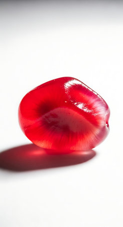 Vibrant Red Pomegranate Seed Magnified on White with Extreme Contrast Lighting.の写真素材
