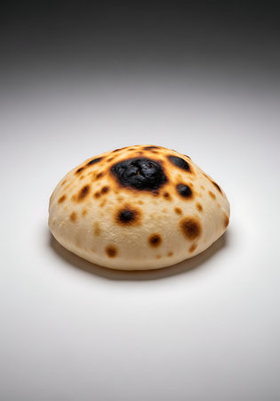 Authentic Khubz Arabic flatbread, fresh, charred texture, seamless white background.