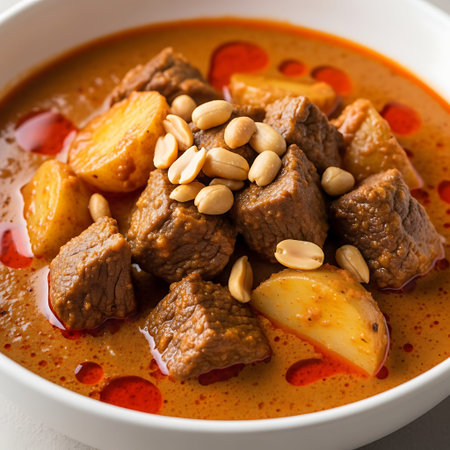 Isolated Massaman curry with tender beef, potatoes, and peanuts.の写真素材