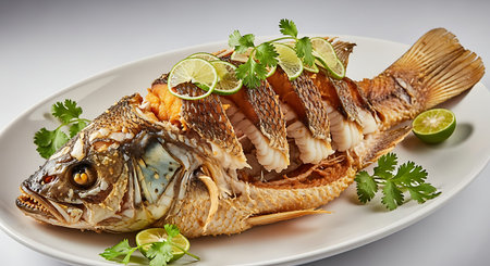 Isolated crispy whole fried fish Pla Tod professional plating white background.