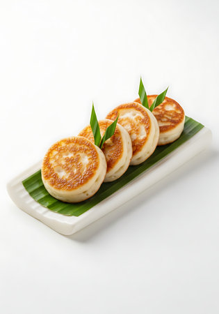 Isolated Thai dessert Khanom Krok, grilled coconut pancakes on white.の写真素材