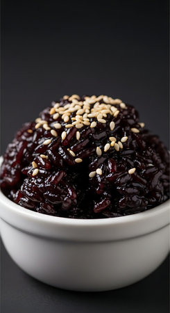 Black rice with sesame seeds in a white bowl on a black background