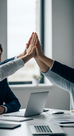 Team high five success over modern office desk close-up.