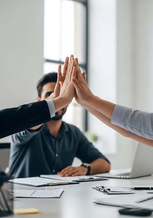 Team high five success over modern office desk close-up.