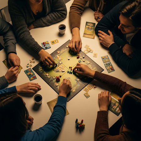 Diverse friends enjoying collaborative board game night, overhead view.