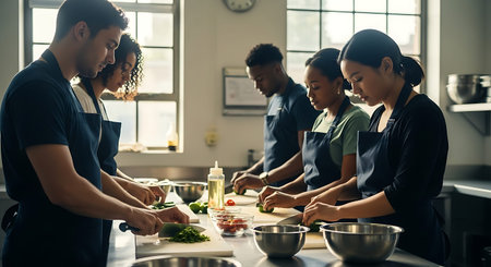Sustainable cooking class, young adults chop vegetables in industrial kitchen.の写真素材
