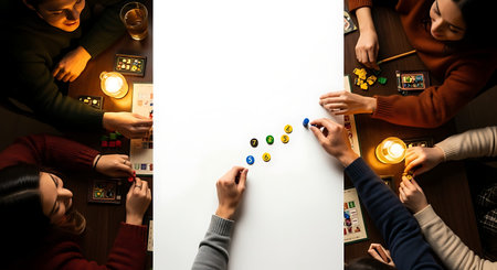 Diverse friends enjoying collaborative board game night, overhead view.