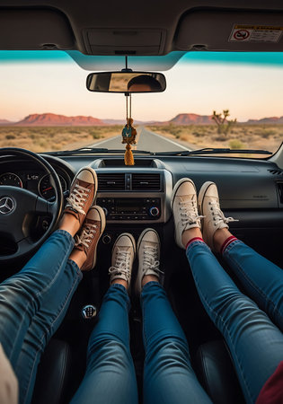 Friends road tripping, feet on dashboard, cinematic desert sunset view.の写真素材