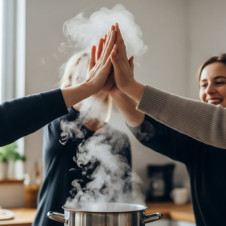 Three hands high-fiving over steaming kitchen pot symbolizing teamwork.の写真素材
