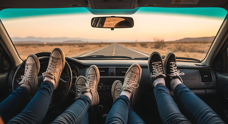 Friends road tripping, feet on dashboard, cinematic desert sunset view.