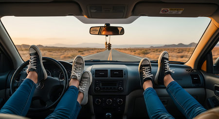Close up of legs of a couple sitting on the steering wheel of a car