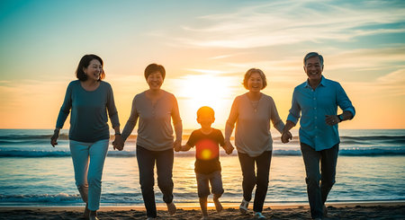 Happy multigenerational family runs toward ocean during cinematic sunset.