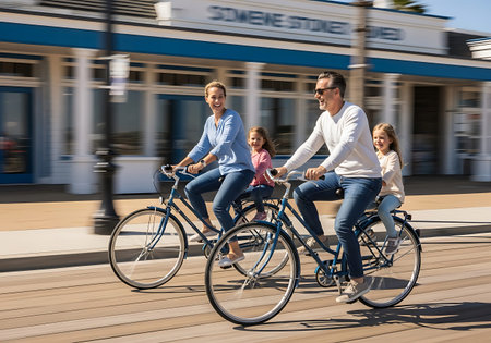 Happy family cycling vintage bikes on sunny seaside boardwalk panning shot.