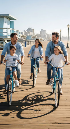 Happy family cycling vintage bikes on sunny seaside boardwalk panning shot.