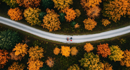 Top-down drone shot of family hiking path in vibrant fall woods.