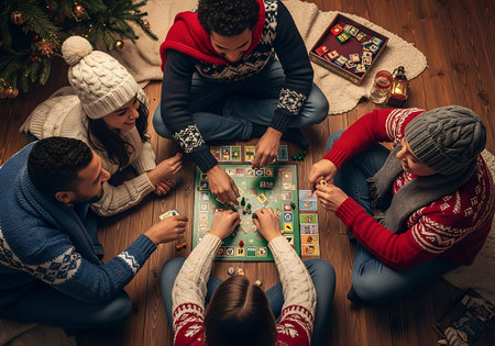Mixed-race family playing board game on wooden floor during winter holiday.