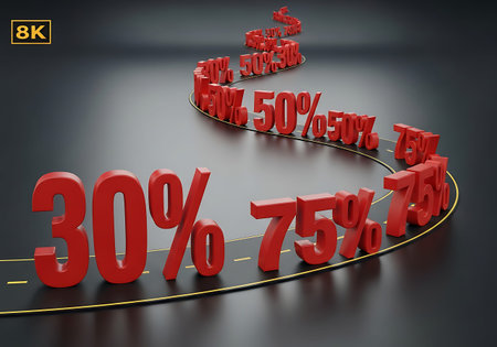 3D render of percentage road symbolizing financial saving and discount journey.