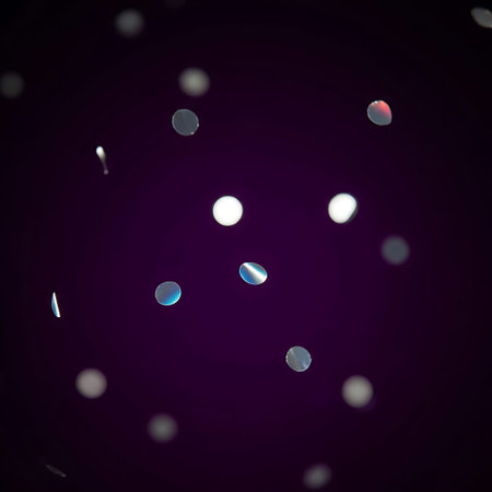 Reflective Silver Holographic Confetti Macro with Sharp Bokeh on Royal Purple.