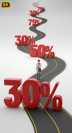 3D render of percentage road symbolizing financial saving and discount journey.