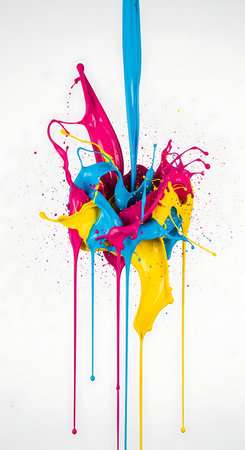 Chaotic Magenta, Cyan, Yellow Paint Splatters Captured with High-Speed Photography.