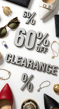 Flat lay luxury fashion accessories clearance sale concept on white.