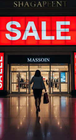 Businesswoman running fast for urgent retail shopping.