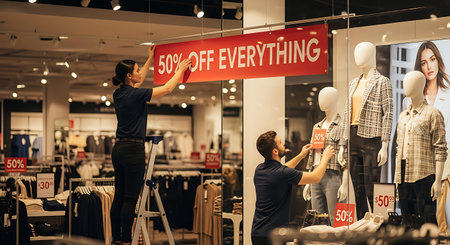 Store employees prepare professional signs for major retail discount event.