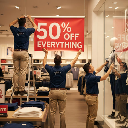 Store employees prepare professional signs for major retail discount event.