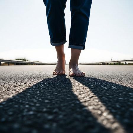 Close up of a woman standing on the road with her legs crossedの写真素材