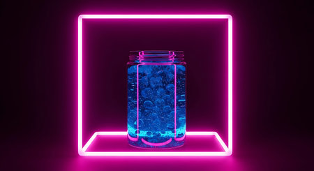 Hyper-realistic Electric Blue Conductive Gel Jar in Magenta Neon Light Box.