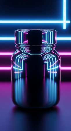 Futuristic chrome jar, cyberpunk neon reflections, 3D visualization.の写真素材
